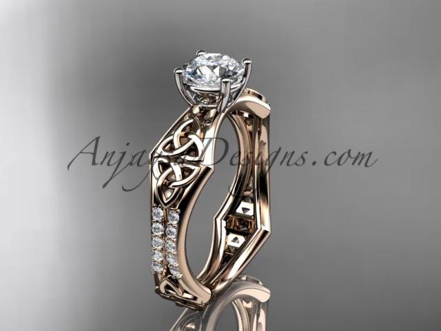 14kt rose gold diamond celtic trinity ring, triquetra ring, engagement ring with a "Forever One" Moissanite center stone CT7353 - AnjaysDesigns