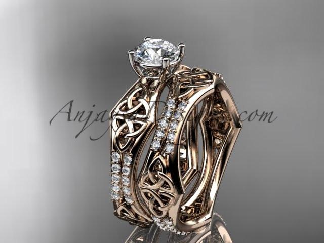 14kt rose gold diamond celtic trinity ring, triquetra ring, engagement set with a "Forever One" Moissanite center stone CT7353S - AnjaysDesigns