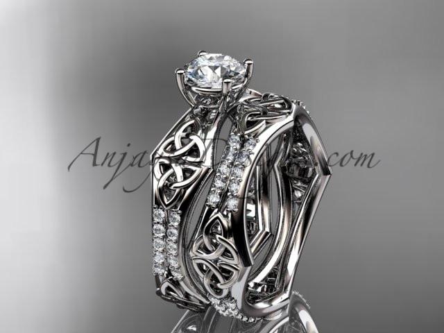 platinum diamond celtic trinity ring, triquetra ring, engagement set with a "Forever One" Moissanite center stone CT7353S - AnjaysDesigns