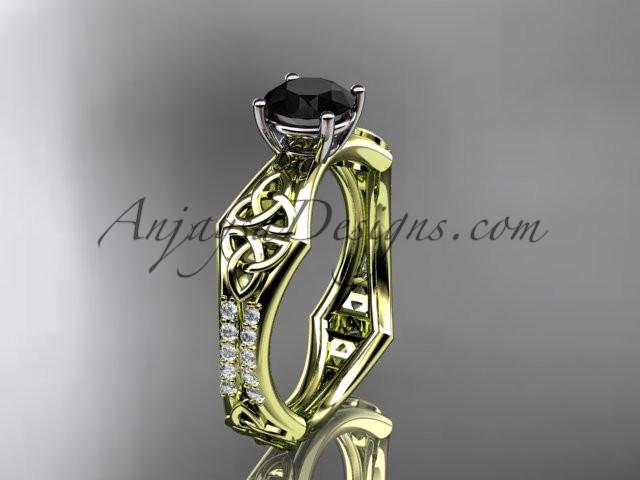 14kt yellow gold diamond celtic trinity ring, triquetra ring, engagement ring with a Black Diamond center stone CT7353 - AnjaysDesigns