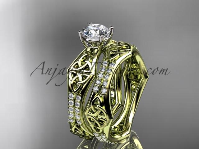 14kt yellow gold diamond celtic trinity ring, triquetra ring, engagement set with a "Forever One" Moissanite center stone CT7353S - AnjaysDesigns