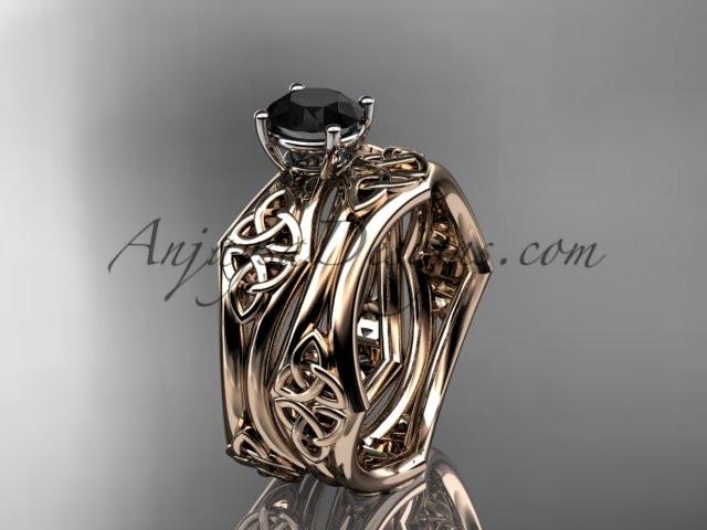 14kt rose gold celtic trinity ring, triquetra ring, engagement set with a Black Diamond center stone CT7356S - AnjaysDesigns