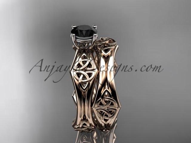 14kt rose gold celtic trinity ring, triquetra ring, engagement set with a Black Diamond center stone CT7356S - AnjaysDesigns