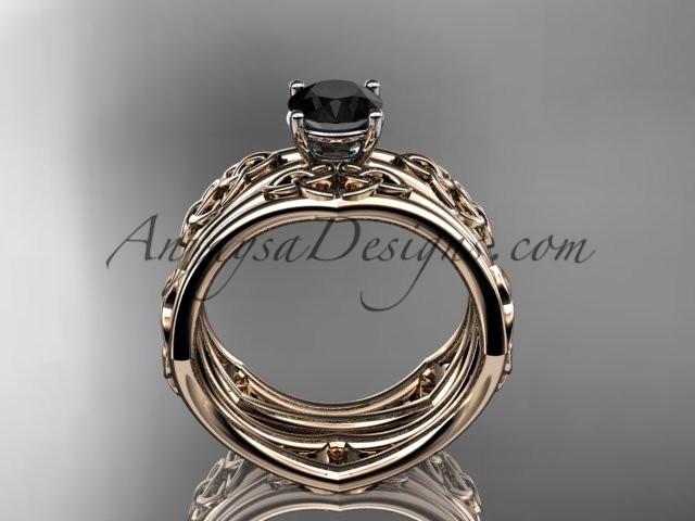 14kt rose gold celtic trinity ring, triquetra ring, engagement set with a Black Diamond center stone CT7356S - AnjaysDesigns