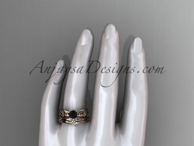 14kt rose gold celtic trinity ring, triquetra ring, engagement set with a Black Diamond center stone CT7356S - AnjaysDesigns
