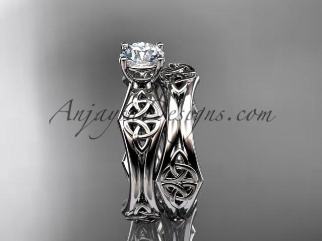 14kt white gold celtic trinity ring, triquetra ring, engagement set with a "Forever One" Moissanite center stone CT7356S - AnjaysDesigns