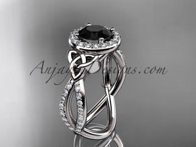 14kt white gold diamond celtic trinity ring, triquetra ring, Irish engagement ring with a Black Diamond center stone CT7374 - AnjaysDesigns