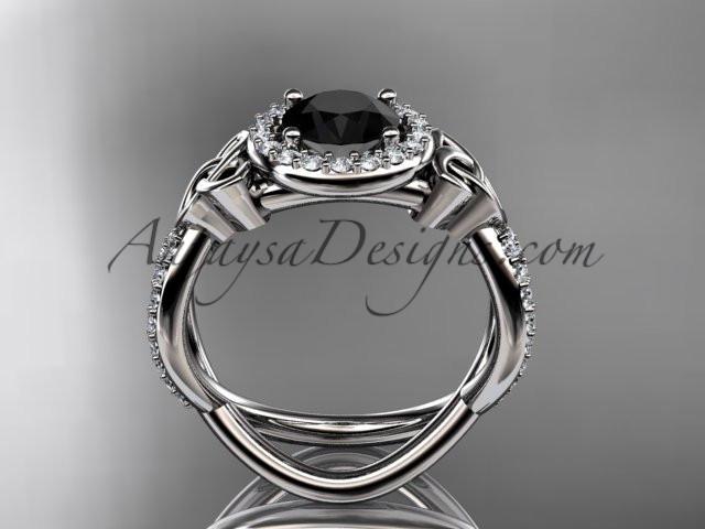 14kt white gold diamond celtic trinity ring, triquetra ring, Irish engagement ring with a Black Diamond center stone CT7374 - AnjaysDesigns