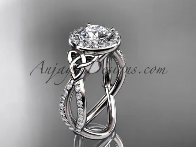 14kt white gold diamond celtic trinity ring, triquetra ring, Irish engagement ring with a "Forever One" Moissanite center stone CT7374 - AnjaysDesigns