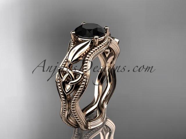 14kt rose gold diamond celtic trinity knot wedding ring, engagement ring with a Black Diamonde center stone CT7382 - AnjaysDesigns