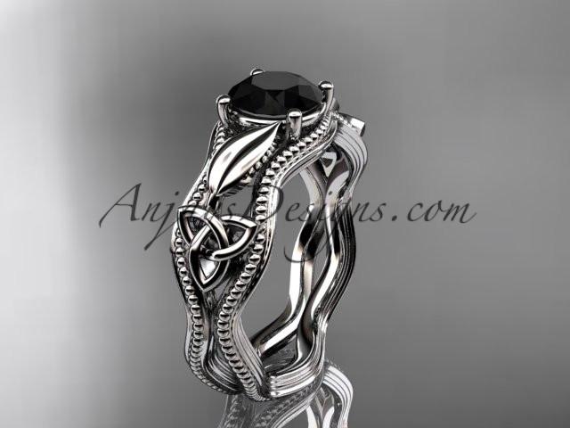 14kt white gold diamond celtic trinity knot wedding ring, engagement ring with a Black Diamond center stone CT7382 - AnjaysDesigns