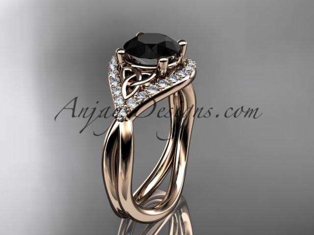 14kt rose gold diamond celtic trinity knot wedding ring, engagement ring with a Black Diamond center stone CT7390 - AnjaysDesigns