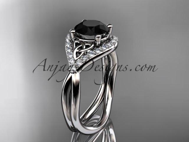 14kt white gold diamond celtic trinity knot wedding ring, engagement ring with a Black Diamond center stone CT7390 - AnjaysDesigns