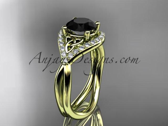 14kt yellow gold diamond celtic trinity knot wedding ring, engagement ring with a Black Diamond center stone CT7390 - AnjaysDesigns