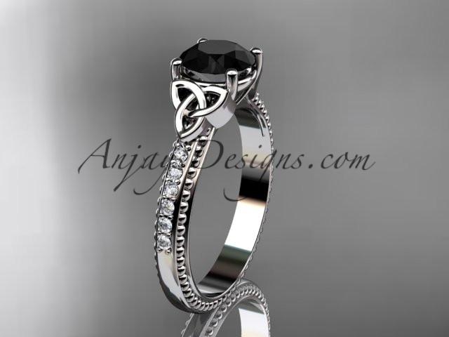 14kt white gold diamond celtic trinity knot wedding ring, engagement ring with a Black Diamond center stone CT7391 - AnjaysDesigns