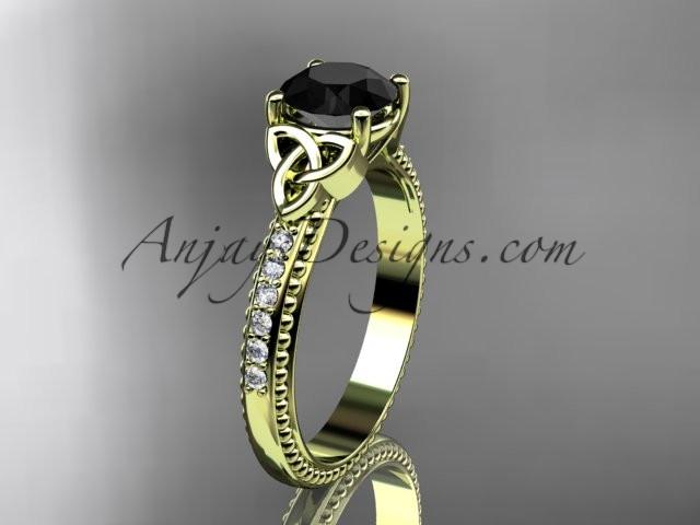 14kt yellow gold diamond celtic trinity knot wedding ring, engagement ring with a Black Diamond center stone CT7391 - AnjaysDesigns