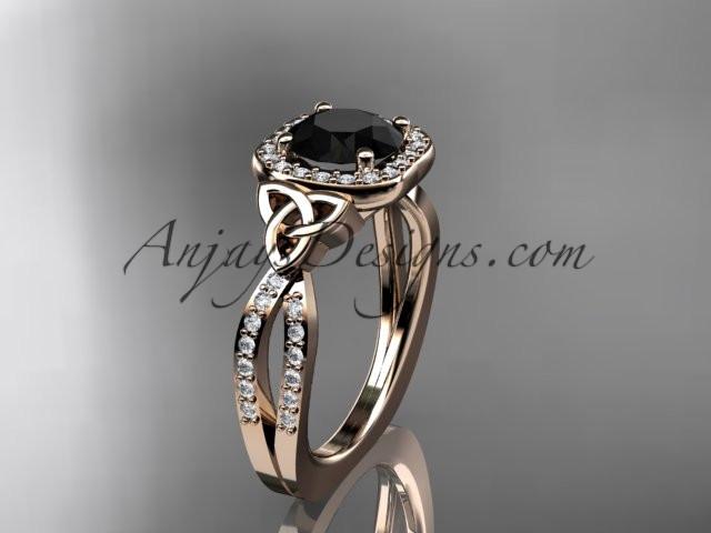 14kt rose gold diamond celtic trinity knot wedding ring, engagement ring with a Black Diamond center stone CT7393 - AnjaysDesigns