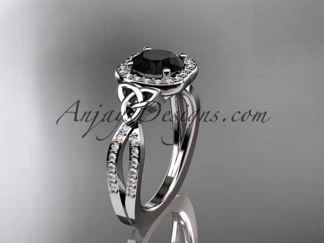 14kt white gold diamond celtic trinity knot wedding ring, engagement ring with a Black Diamond center stone CT7393 - AnjaysDesigns