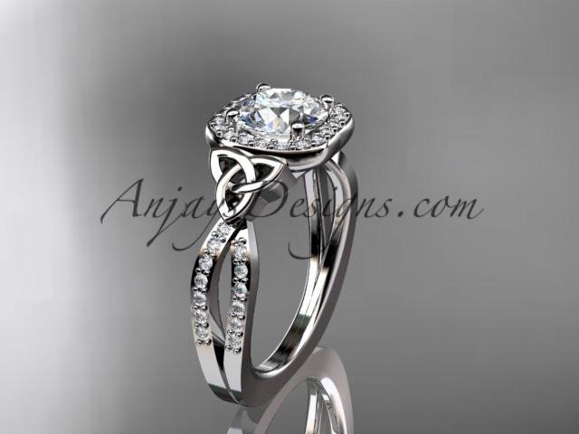 14kt white gold diamond celtic trinity knot wedding ring, engagement ring with a "Forever One" Moissanite center stone CT7393 - AnjaysDesigns