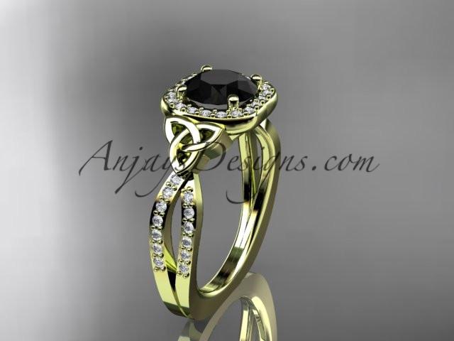 14kt yellow gold diamond celtic trinity knot wedding ring, engagement ring with a Black Diamond center stone CT7393 - AnjaysDesigns