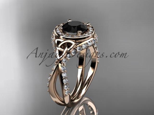 14kt rose gold diamond celtic trinity knot wedding ring, engagement ring with a Black Diamond center stone CT7416 - AnjaysDesigns
