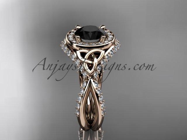 14kt rose gold diamond celtic trinity knot wedding ring, engagement ring with a Black Diamond center stone CT7416 - AnjaysDesigns