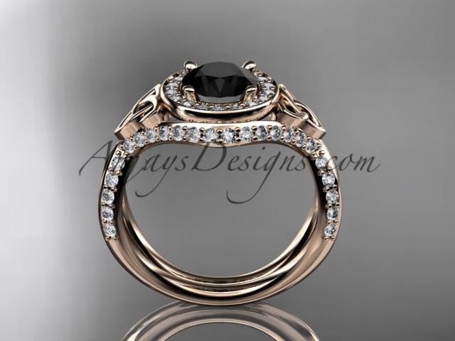 14kt rose gold diamond celtic trinity knot wedding ring, engagement ring with a Black Diamond center stone CT7416 - AnjaysDesigns
