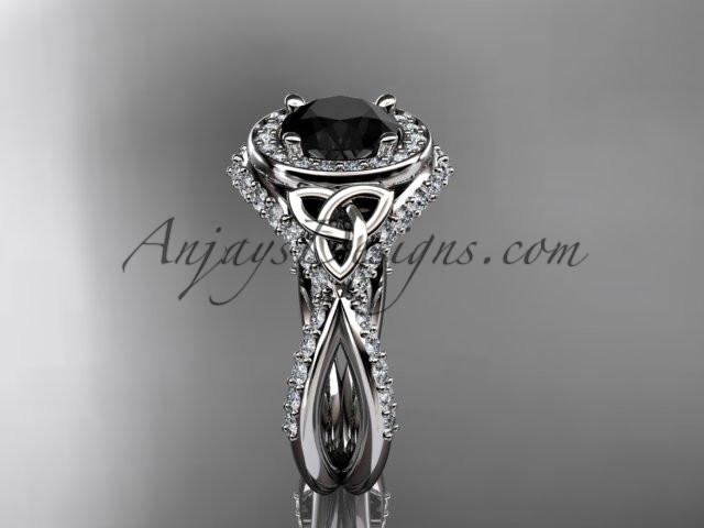14kt white gold diamond celtic trinity knot wedding ring, engagement ring with a Black Diamond center stone CT7416 - AnjaysDesigns