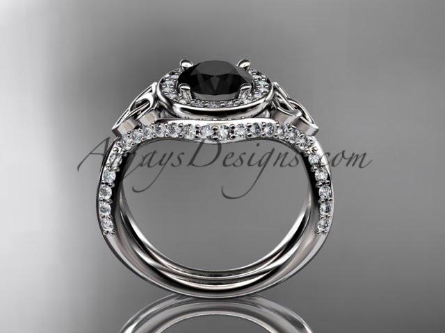 14kt white gold diamond celtic trinity knot wedding ring, engagement ring with a Black Diamond center stone CT7416 - AnjaysDesigns