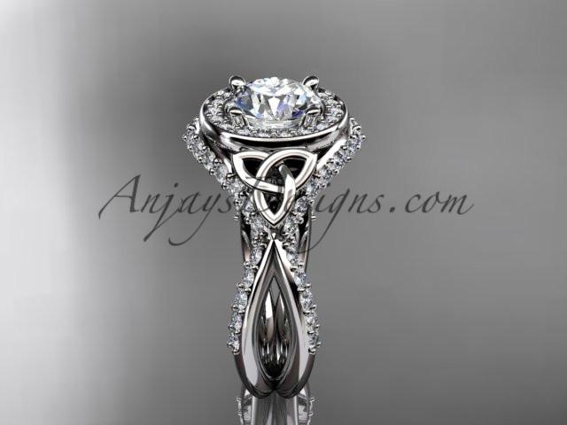14kt white gold diamond celtic trinity knot wedding ring, engagement ring with a "Forever One" Moissanite center stone CT7416 - AnjaysDesigns