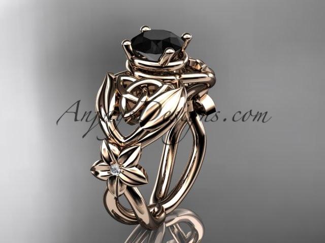 14kt rose gold diamond celtic trinity knot wedding ring, engagement ring with a Black Diamond center stone CT7501 - AnjaysDesigns