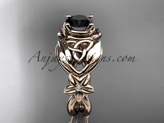 14kt rose gold diamond celtic trinity knot wedding ring, engagement ring with a Black Diamond center stone CT7501 - AnjaysDesigns