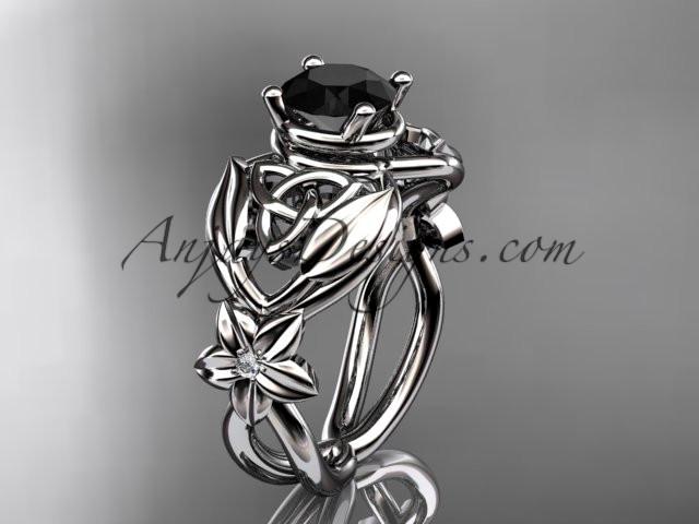 14kt white gold diamond celtic trinity knot wedding ring, engagement ring with a Black Diamond center stone CT7501 - AnjaysDesigns