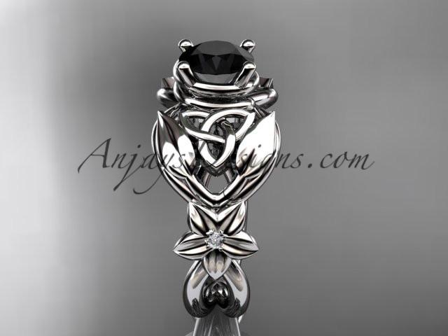14kt white gold diamond celtic trinity knot wedding ring, engagement ring with a Black Diamond center stone CT7501 - AnjaysDesigns