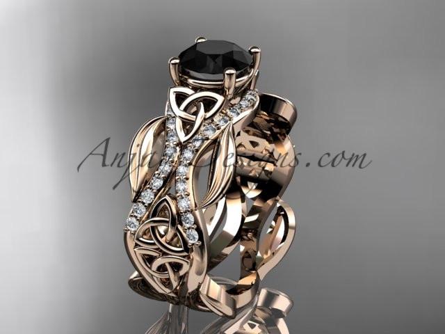 14kt rose gold diamond celtic trinity knot wedding ring, engagement ring with a Black Diamond center stone CT7515 - AnjaysDesigns