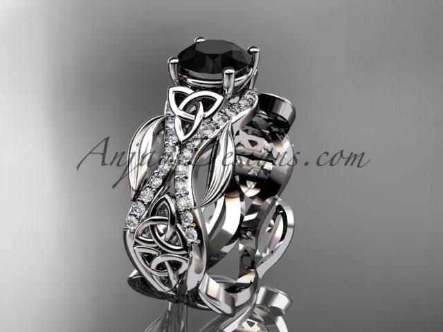 14kt white gold diamond celtic trinity knot wedding ring, engagement ring with a Black Diamond center stone CT7515 - AnjaysDesigns