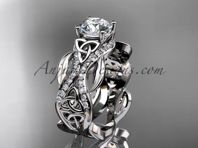 14kt white gold diamond celtic trinity knot wedding ring, engagement ring with a "Forever One" Moissanite center stone CT7515 - AnjaysDesigns