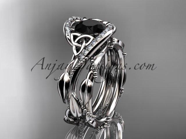 14kt white gold celtic trinity knot engagement set, wedding ring with Black Diamond center stone CT764S - AnjaysDesigns