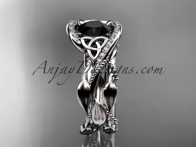 14kt white gold celtic trinity knot engagement set, wedding ring with Black Diamond center stone CT764S - AnjaysDesigns