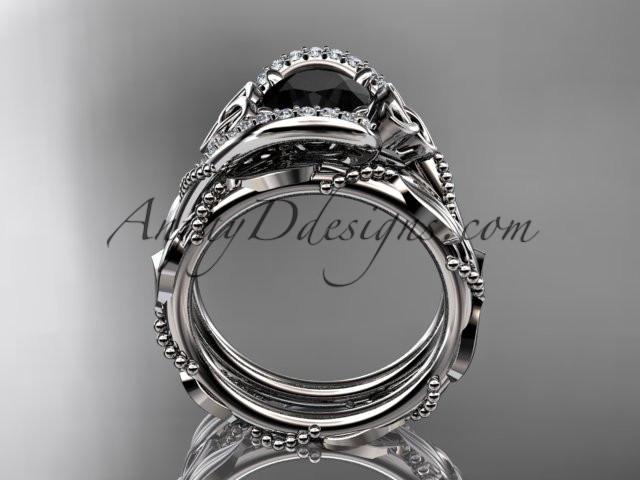 14kt white gold celtic trinity knot engagement set, wedding ring with Black Diamond center stone CT764S - AnjaysDesigns