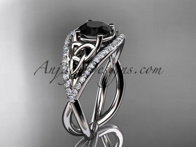 14kt white gold celtic trinity knot engagement ring ,diamond wedding ring with Black Diamond center stone CT788 - AnjaysDesigns