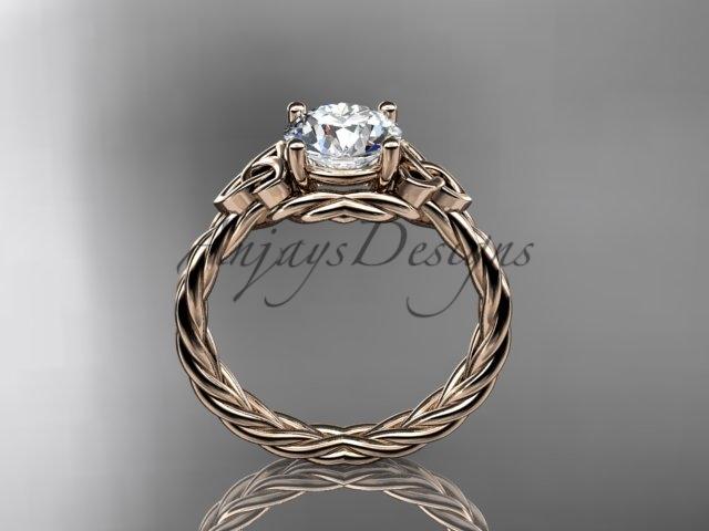 14kt rose gold rope triquetra celtic engagement ring with a "Forever One" Moissanite center stone RPCT9112