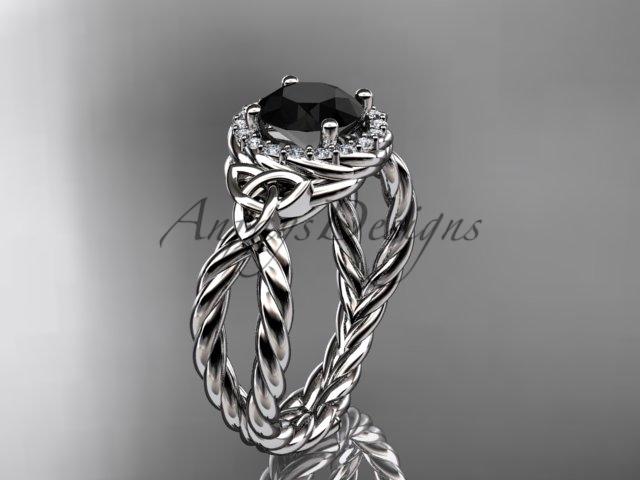 Platinum rope halo celtic triquetra engagement ring with a Black Diamond center stone RPCT9127