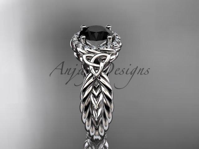 14kt white gold rope halo celtic triquetra engagement ring with a Black Diamond center stone RPCT9127