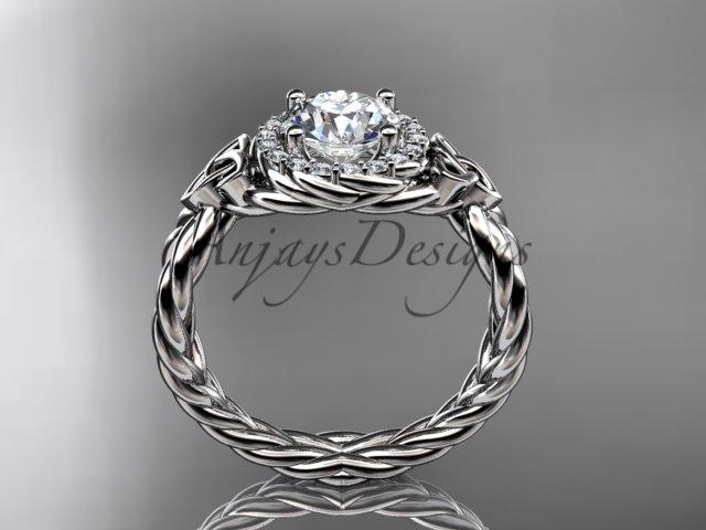 Platinum rope halo celtic triquetra engagement ring with a "Forever One" Moissanite center stone RPCT9127