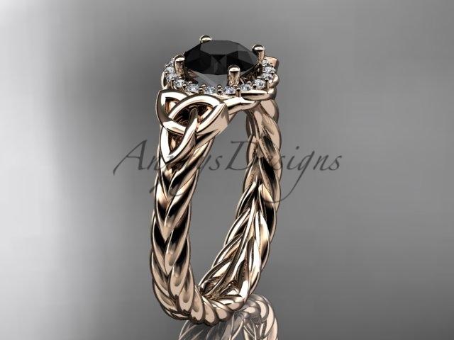 14kt rose gold rope celtic trinity diamond engagement ring with a Black Diamond center stone RPCT9380
