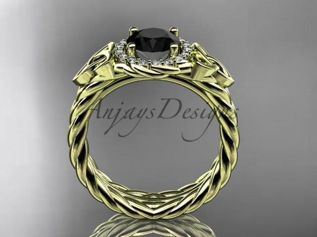 14kt yellow gold rope halo celtic trinity diamond engagement ring with a Black Diamond center stone RPCT9380
