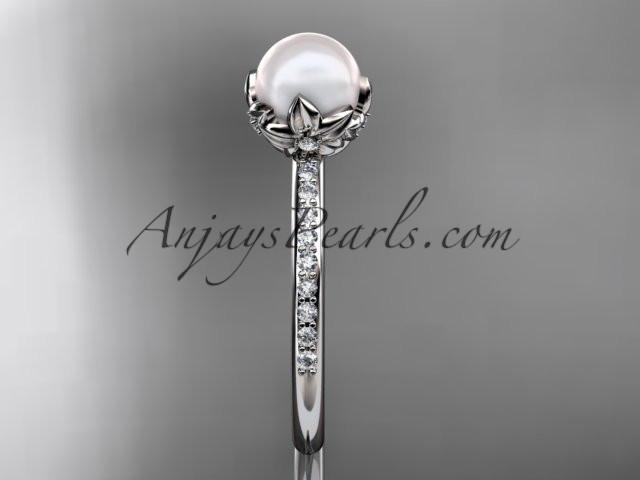 platinum diamond pearl vine and leaf engagement ring AP92 - AnjaysDesigns