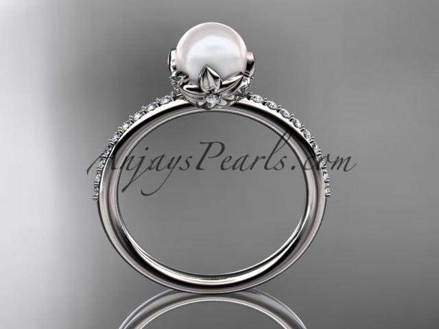 platinum diamond pearl vine and leaf engagement ring AP92 - AnjaysDesigns