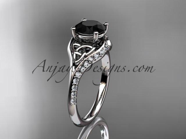 platinum diamond celtic trinity knot wedding ring, engagement ring with a Black Diamond center stone CT7125 - AnjaysDesigns